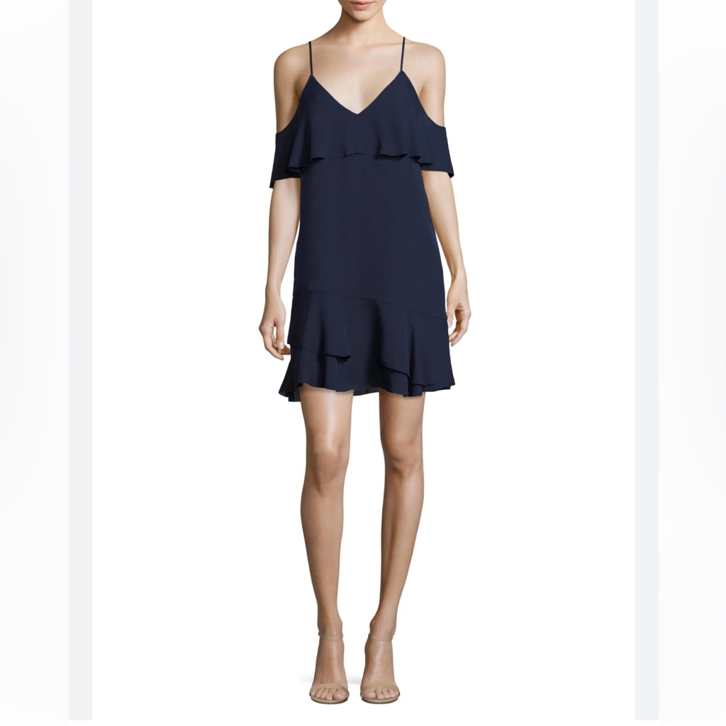 Parker Thatcher Navy Cold Shoulder Ruffled Silk Dress Size Small